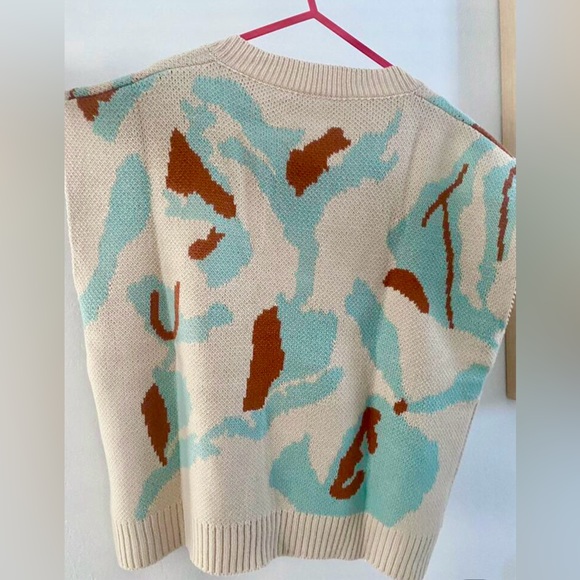 Knit Sleeveless Vest V-Neck Graphic Abstract Pattern Beige Oversized Loose Fit - Picture 9 of 11